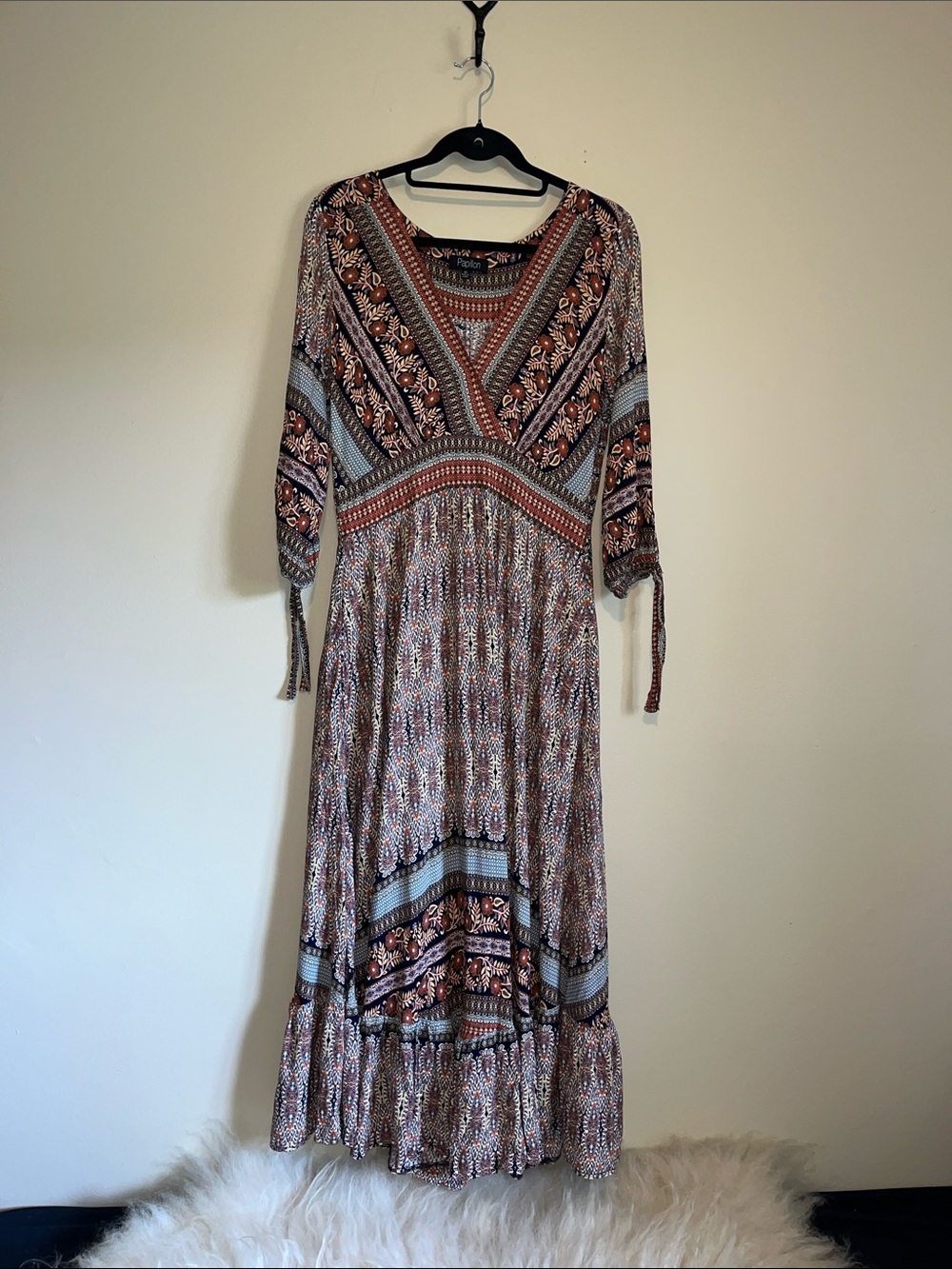 Boho V-Neck Maxi Dress in Rust and Blue
